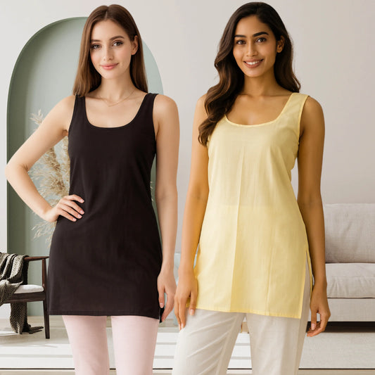 KURTIVERSE Women’s Cotton Short Inner Slip Combo Pack of 2 | Beige & Black