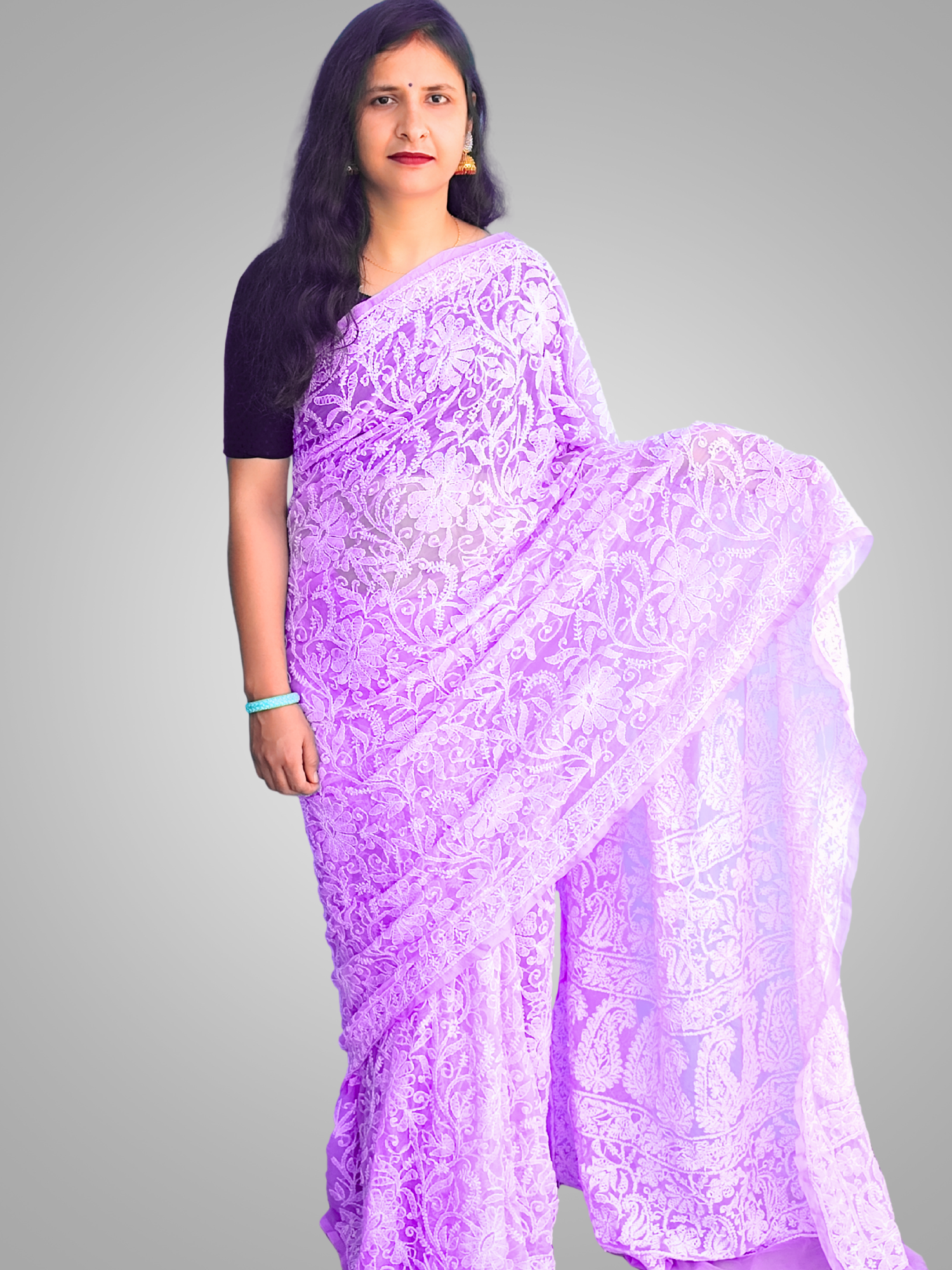 KURTIVERSE Chikan Hand Embroidered Georgette Saree with Blouse