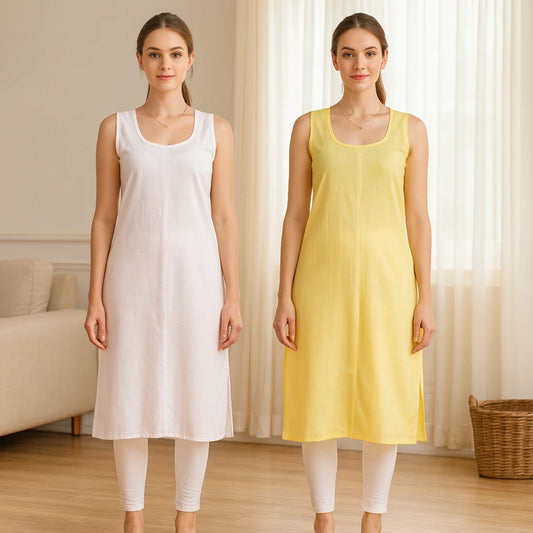 KURTIVERSE Women’s Poly Cotton Long Inner Slip Combo Pack of 2 with Side Slit | Yellow & White