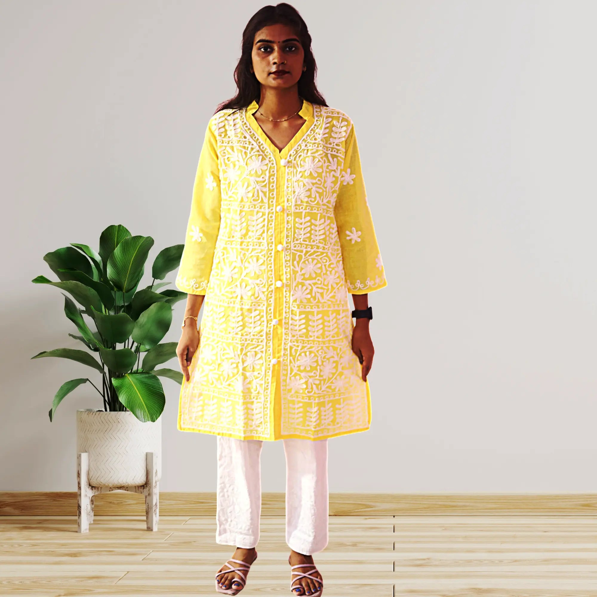 Women Cotton Kurti with Chikan Machine Embroidery Work Kurta for Ladies Diwali Festival Dress KurtiVerse