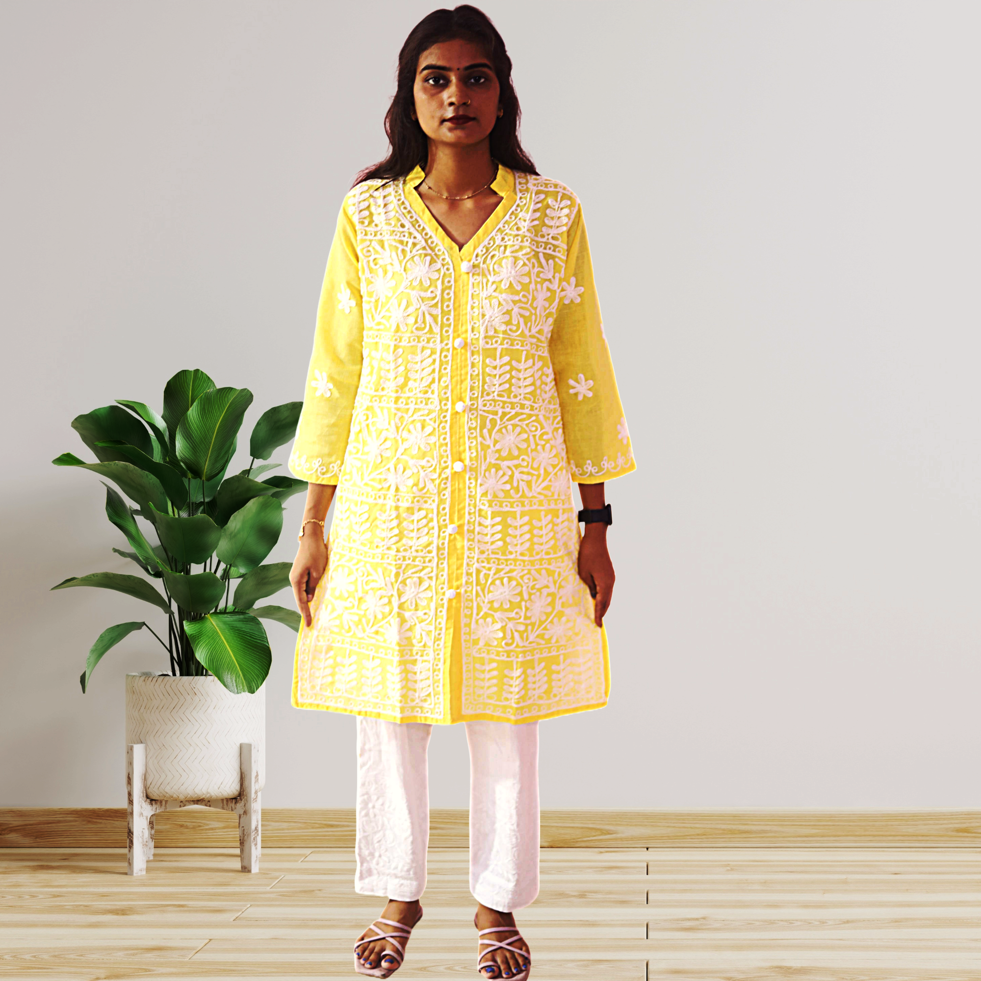 KurtiVerse Yellow Cotton Embroidery Kurti for Women