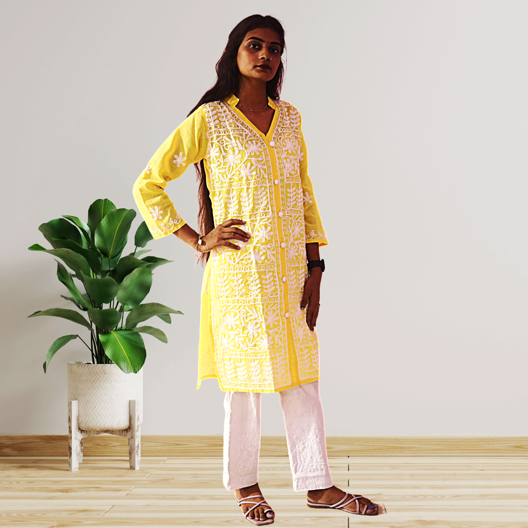 KurtiVerse Yellow Cotton Embroidery Kurti for Women