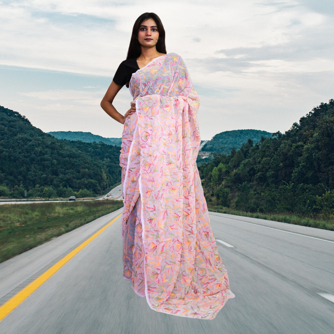 KURTIVERSE Women Chikankari Hand Embroidery Saree Blouse,Pink Multi