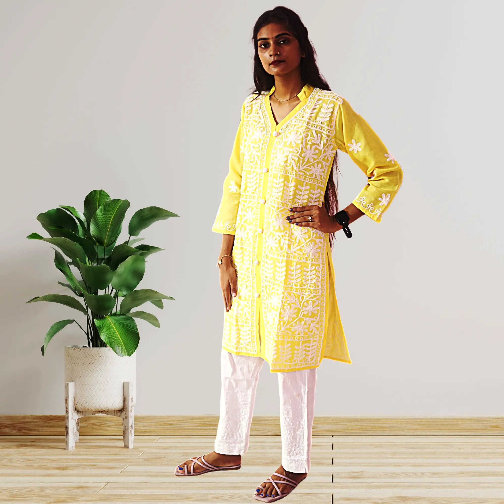 Women Cotton Kurti with Chikan Machine Embroidery Work Kurta for Ladies Diwali Festival Dress KurtiVerse