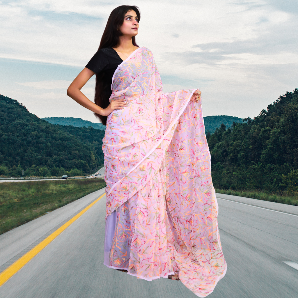 KURTIVERSE Women Chikankari Hand Embroidery Saree Blouse,Pink Multi