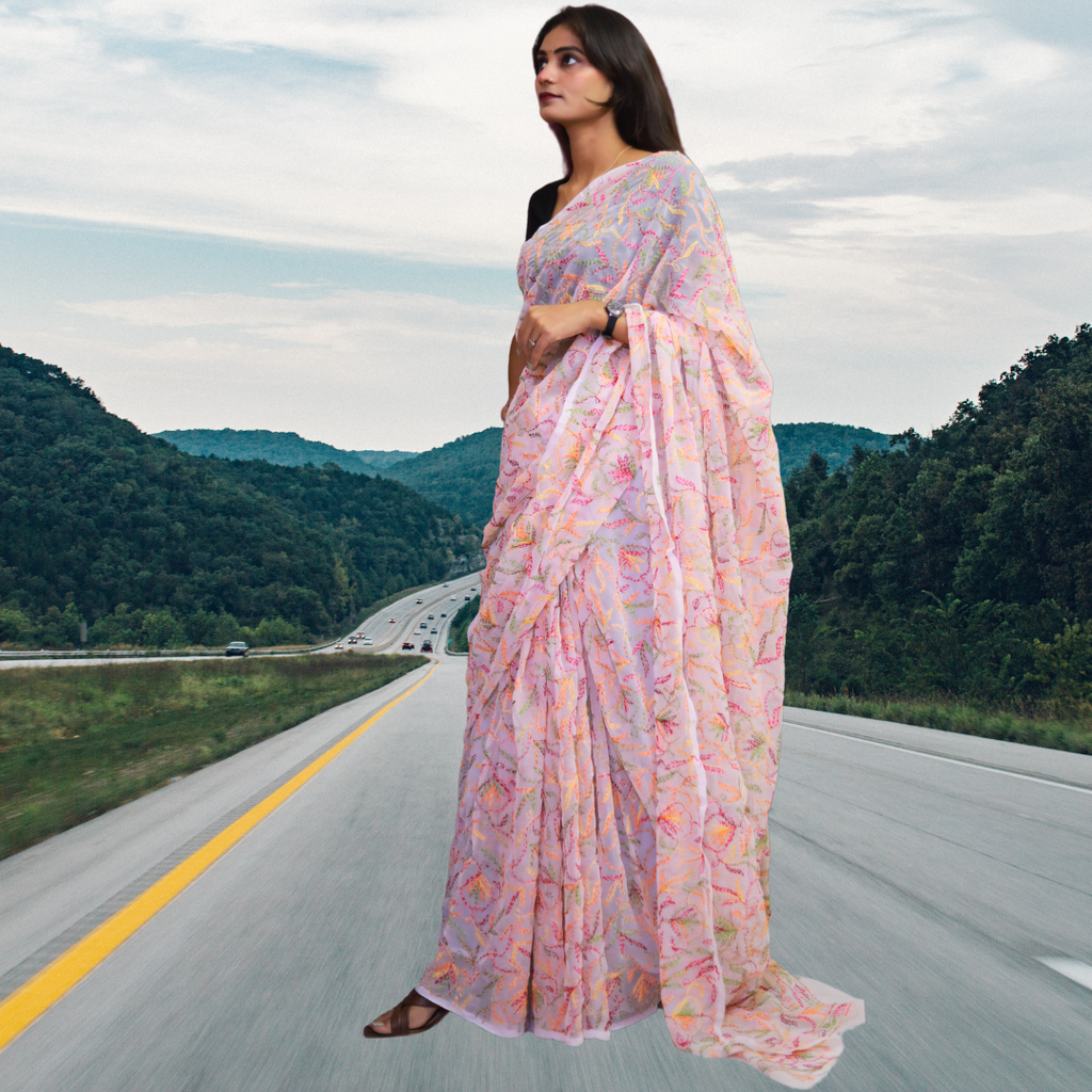 KURTIVERSE Women Chikankari Hand Embroidery Saree Blouse,Pink Multi