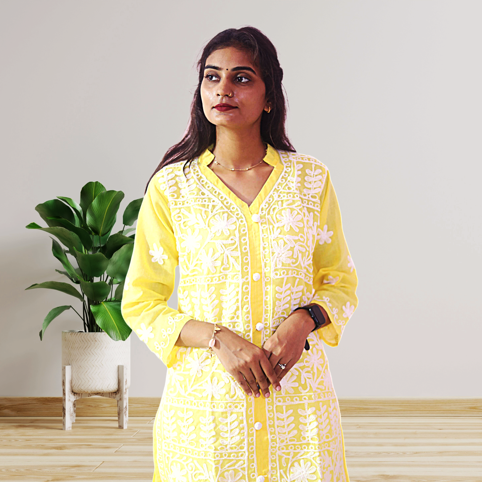 KurtiVerse Yellow Cotton Embroidery Kurti for Women