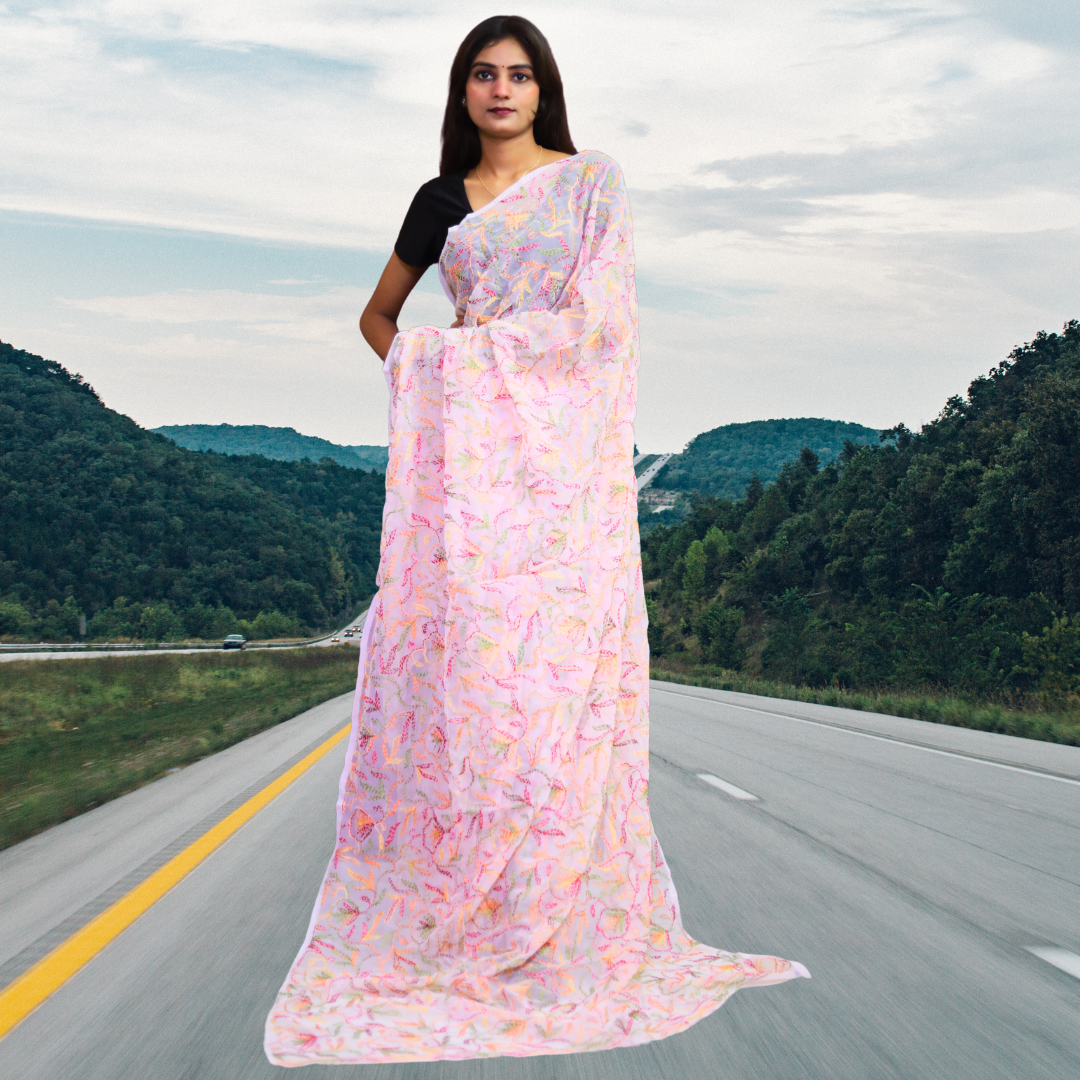 KURTIVERSE Women Chikankari Hand Embroidery Saree Blouse,Pink Multi