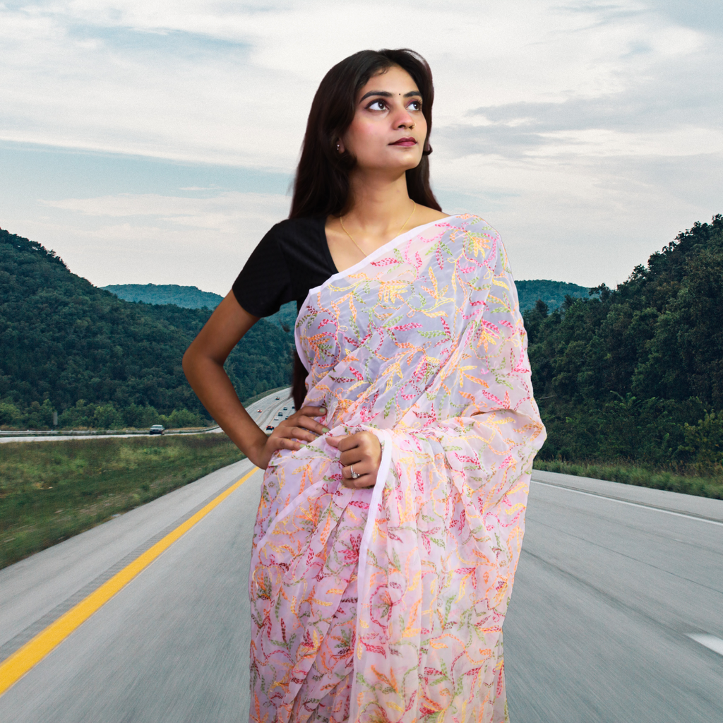 KURTIVERSE Women Chikankari Hand Embroidery Saree Blouse,Pink Multi