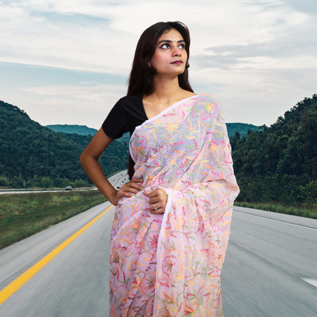 KURTIVERSE Women Chikankari Hand Embroidery Saree Blouse,Pink Multi