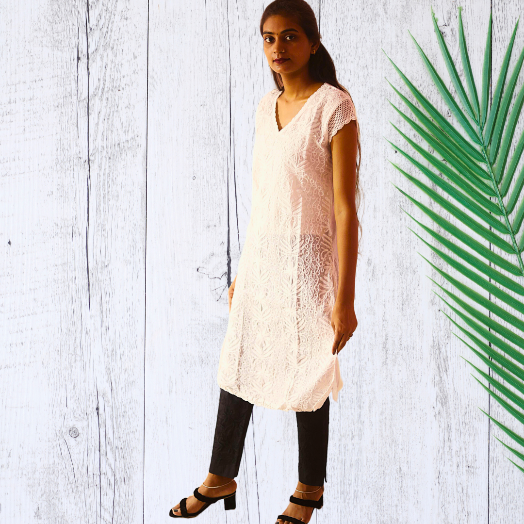KurtiVerse Short Sleeve Cotton Chikan Embroidery Kurti for Women White
