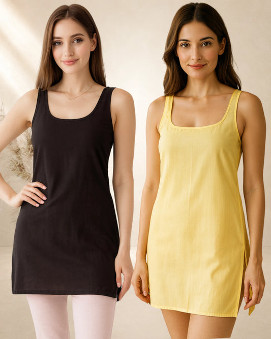 KURTIVERSE Women’s Cotton Short Inner Slip Combo Pack of 2 | Yellow & Black
