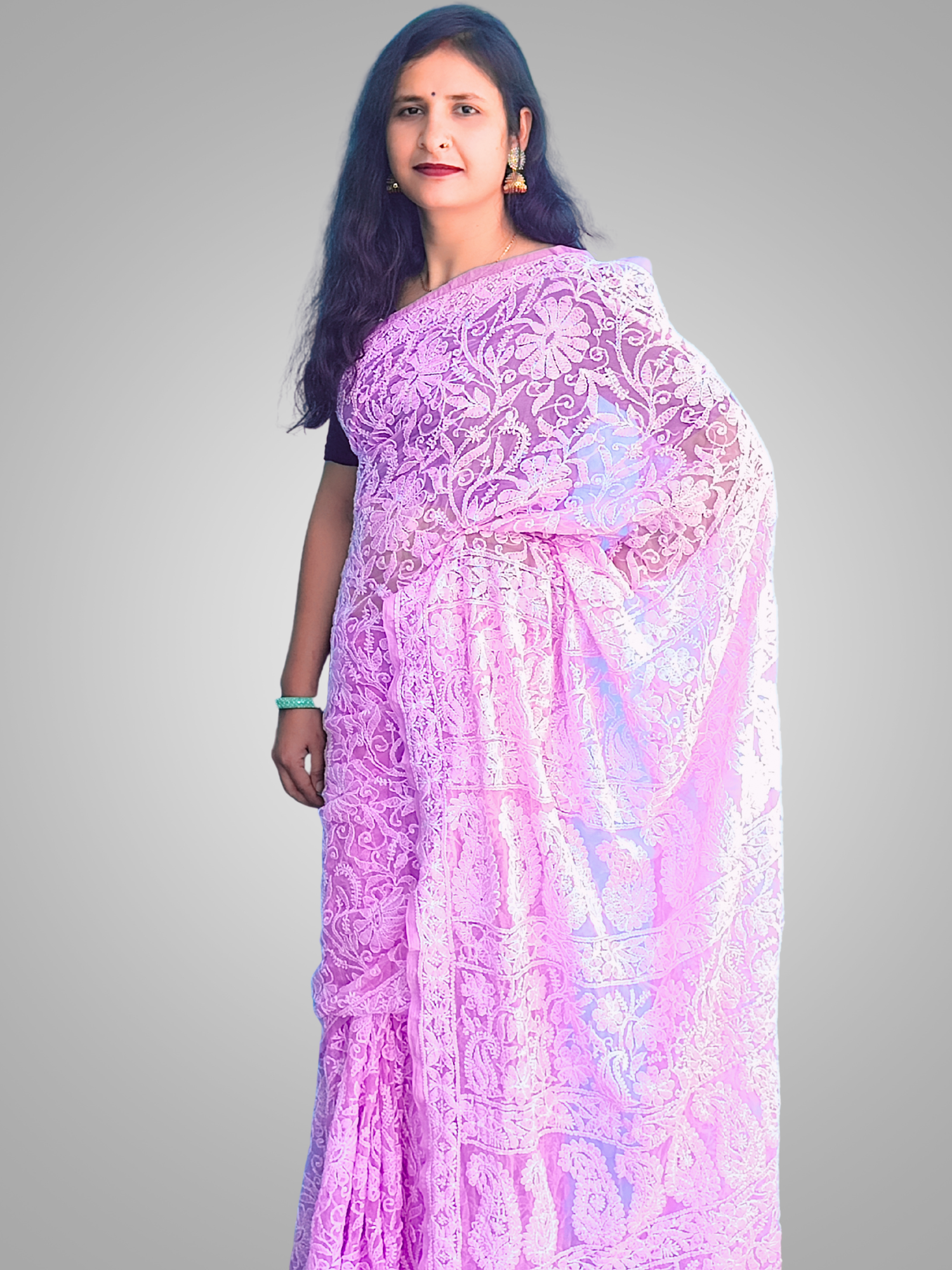 KURTIVERSE Chikan Hand Embroidered Georgette Saree with Blouse