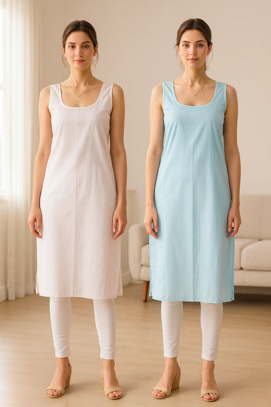 KURTIVERSE Women’s Poly Cotton Long Inner Slip Combo Pack of 2 with Side Slit | Sky Blue & White