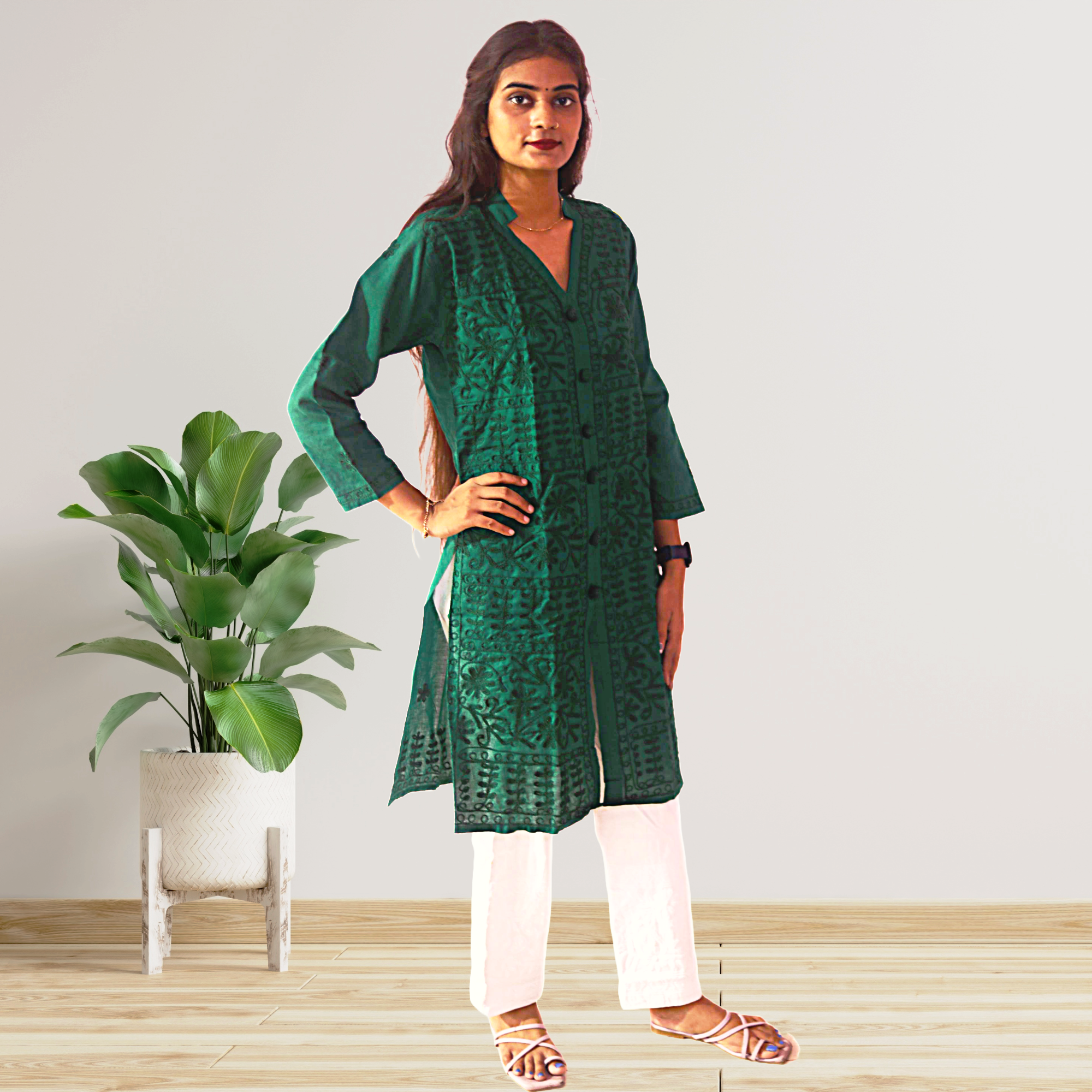 KurtiVerse White & Bottle Green Button Kurti Combo Pack Of 2