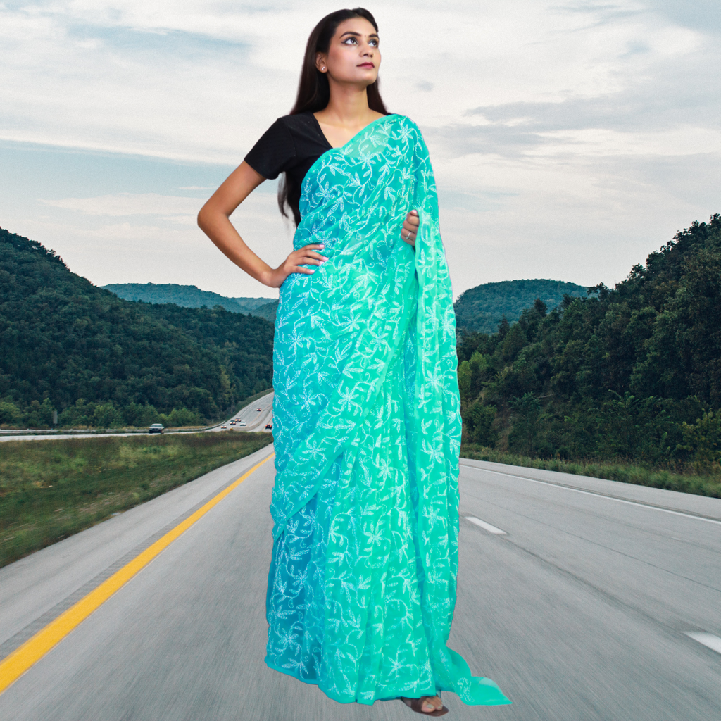 KURTIVERSE Women Chikankari Hand Embroidery Saree Blouse,Ocean Blue