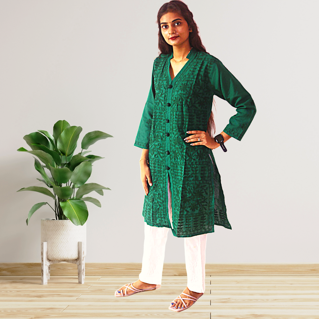 KurtiVerse White & Bottle Green Button Kurti Combo Pack Of 2