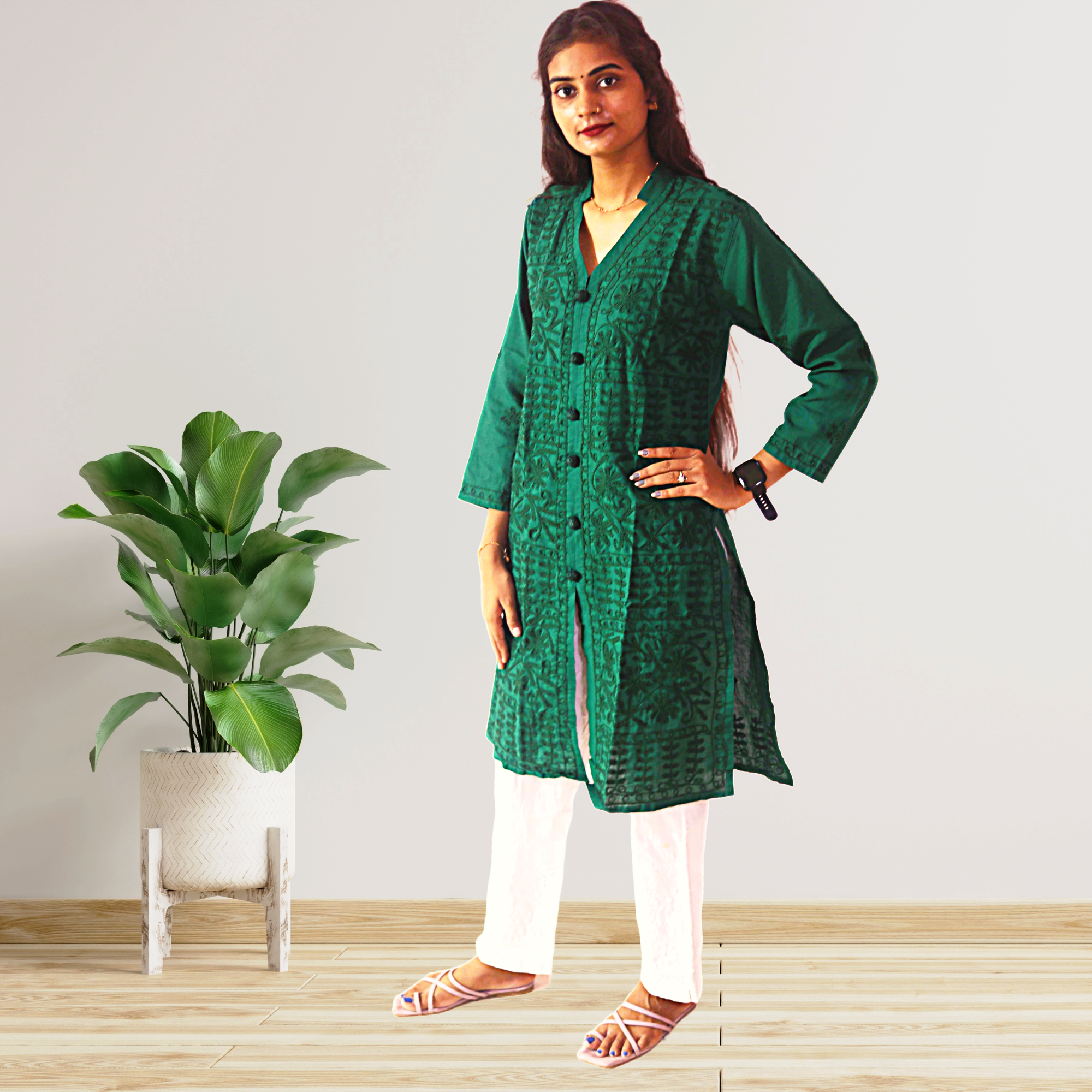 KurtiVerse White & Bottle Green Button Kurti Combo Pack Of 2