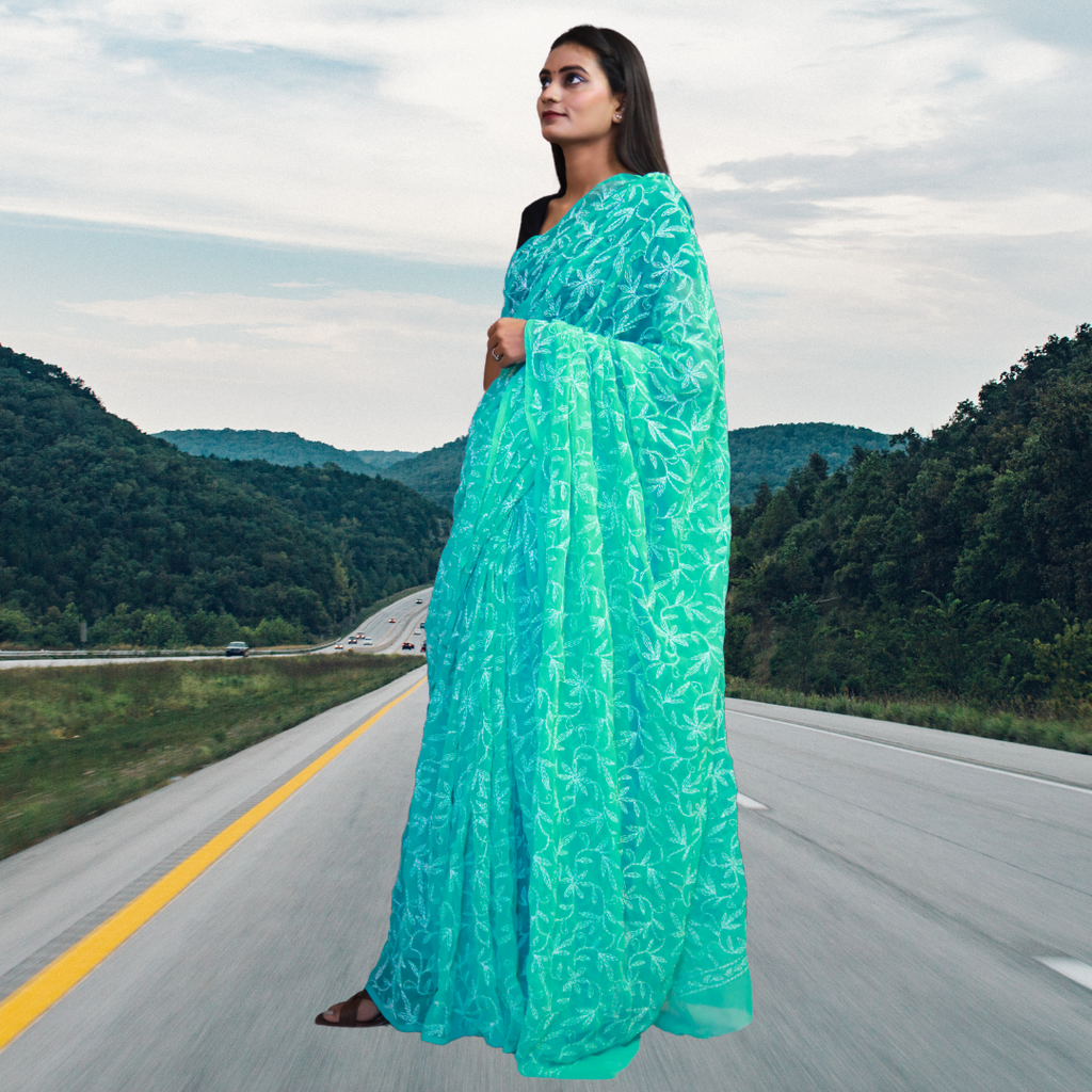 KURTIVERSE Women Chikankari Hand Embroidery Saree Blouse,Ocean Blue