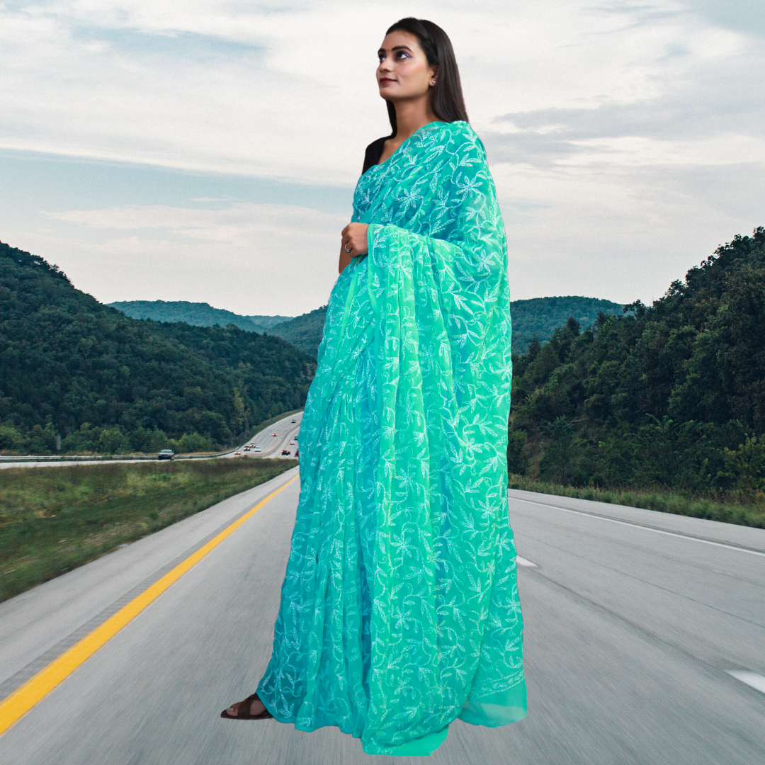 KURTIVERSE Women Chikankari Hand Embroidery Saree Blouse,Ocean Blue