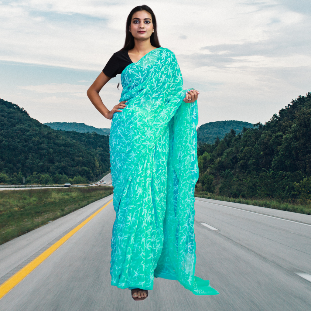 KURTIVERSE Women Chikankari Hand Embroidery Saree Blouse,Ocean Blue