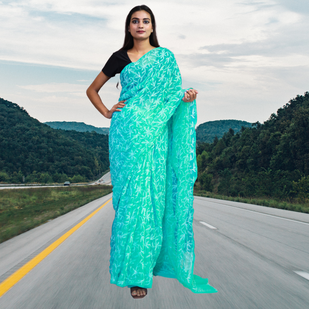 KURTIVERSE Women Chikankari Hand Embroidery Saree Blouse,Ocean Blue