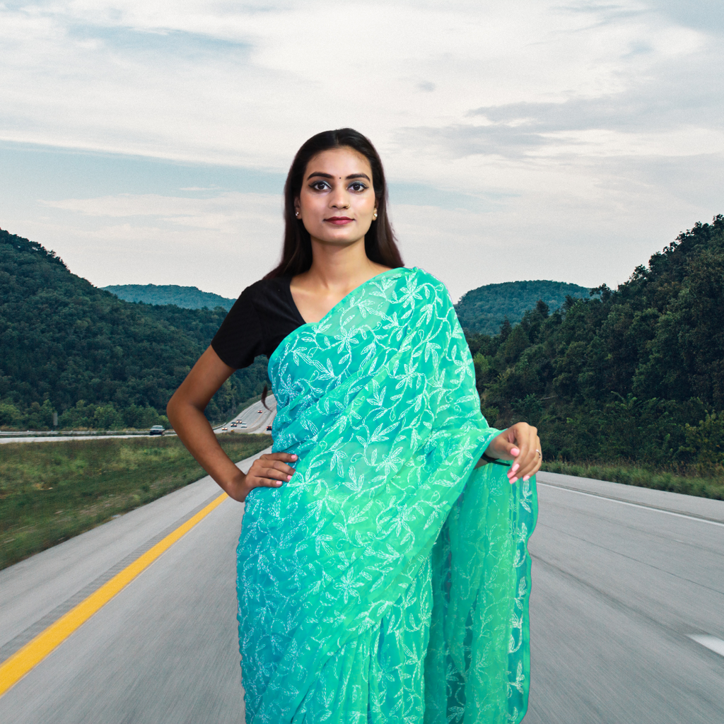 KURTIVERSE Women Chikankari Hand Embroidery Saree Blouse,Ocean Blue
