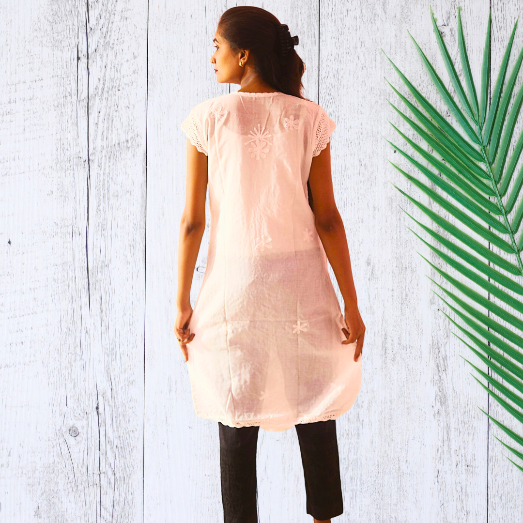 KurtiVerse Short Sleeve Cotton Chikan Embroidery Kurti for Women White