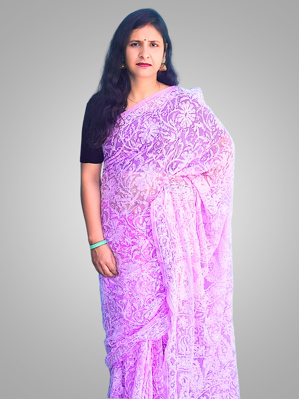 KURTIVERSE Chikan Hand Embroidered Georgette Saree with Blouse