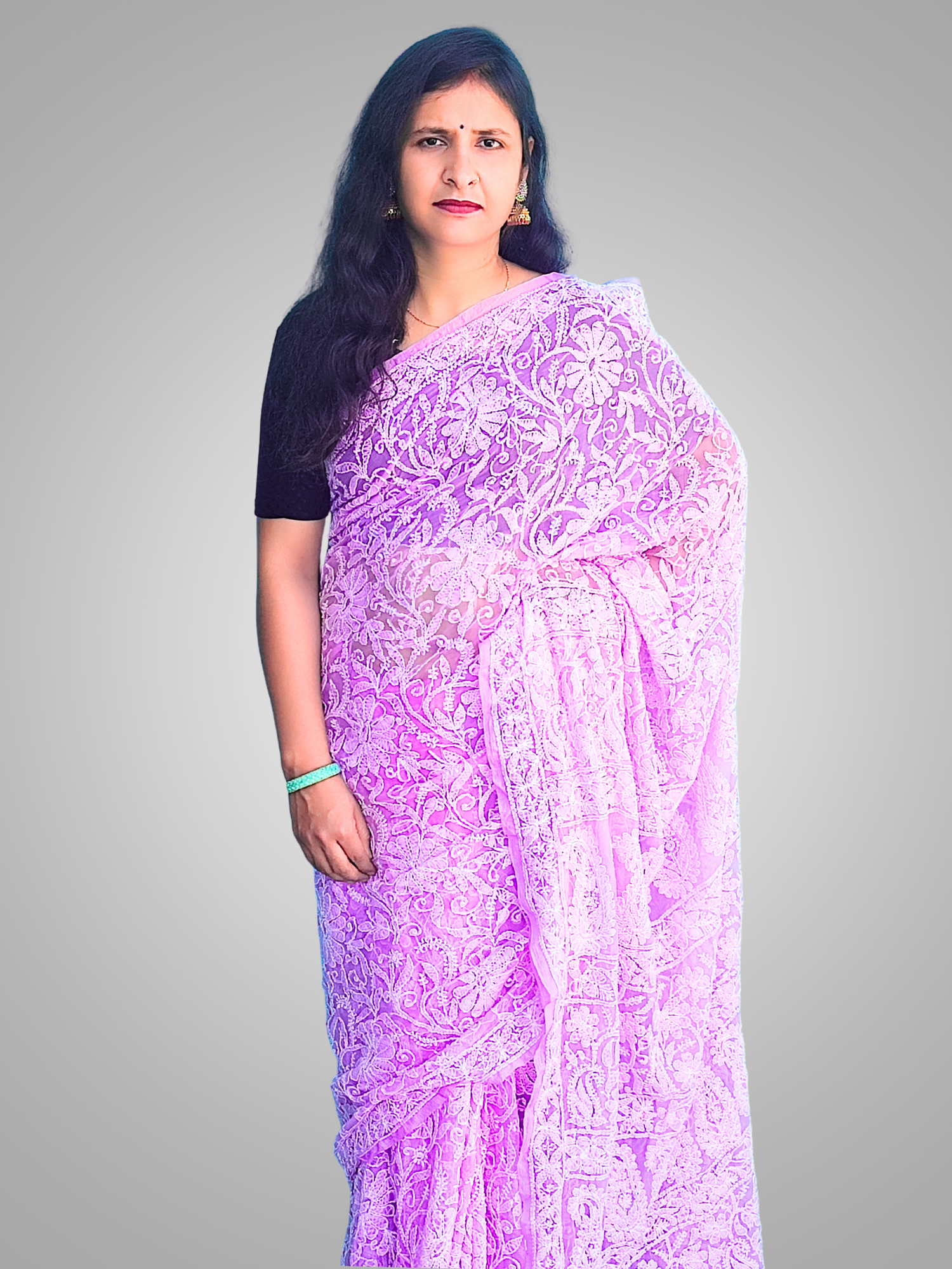 KURTIVERSE Chikan Hand Embroidered Georgette Saree with Blouse