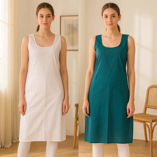 KURTIVERSE Women’s Poly Cotton Long Inner Slip Combo Pack of 2 with Side Slit | Bottle Green & White
