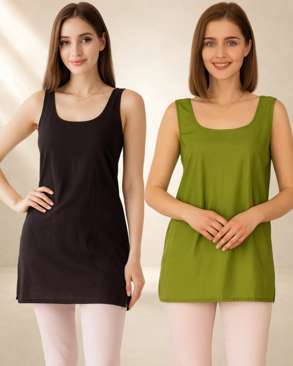 KURTIVERSE Women’s Cotton Short Inner Slip Combo Pack of 2 | Green & Black
