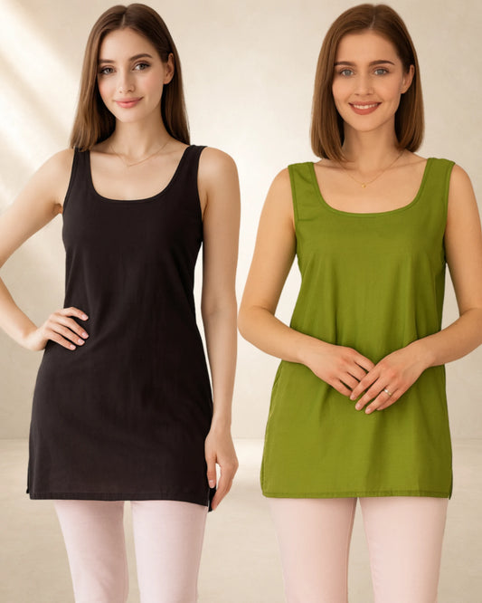 KURTIVERSE Women’s Cotton Short Inner Slip Combo Pack of 2 | Green & Black