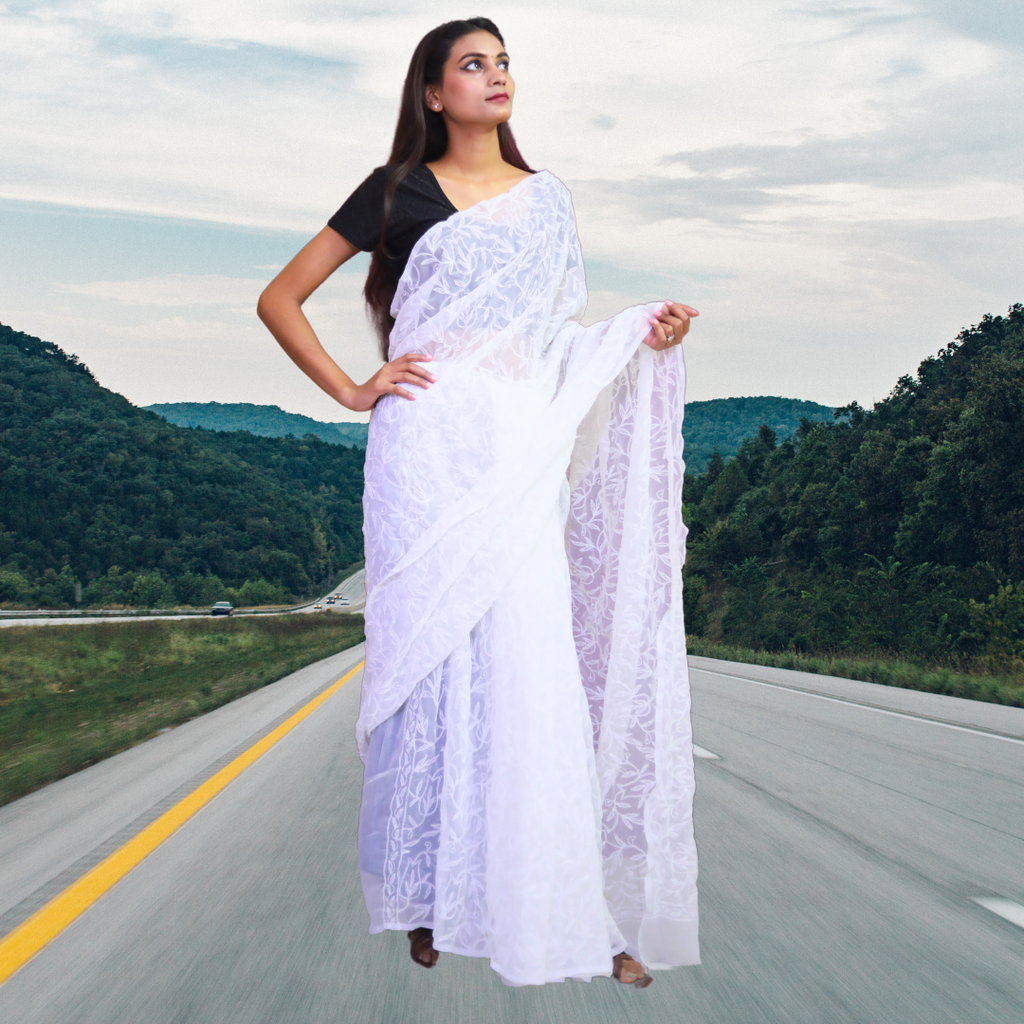 KURTIVERSE Women Chikankari Hand Embroidery Saree Blouse,White
