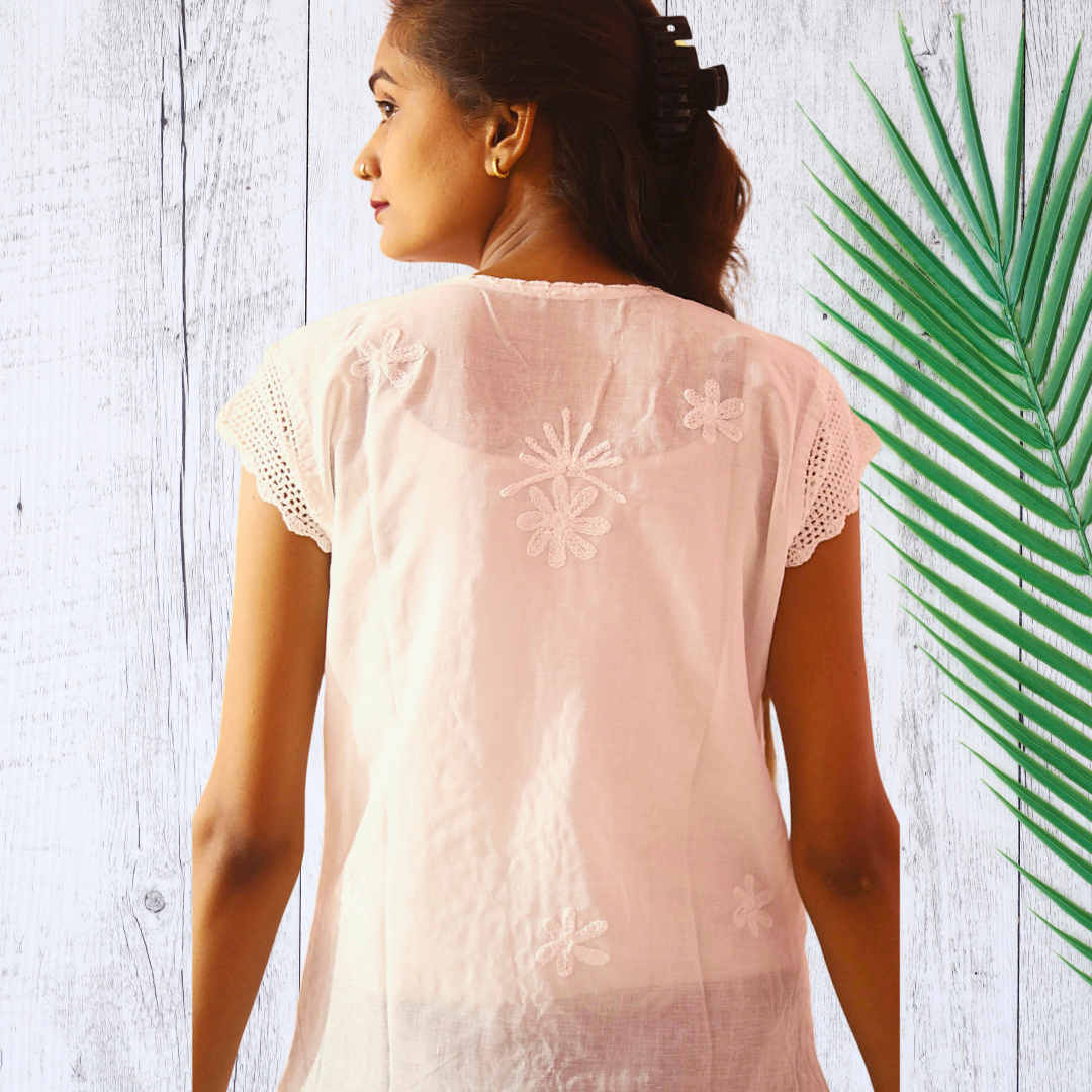 KurtiVerse Short Sleeve Cotton Chikan Embroidery Kurti for Women White