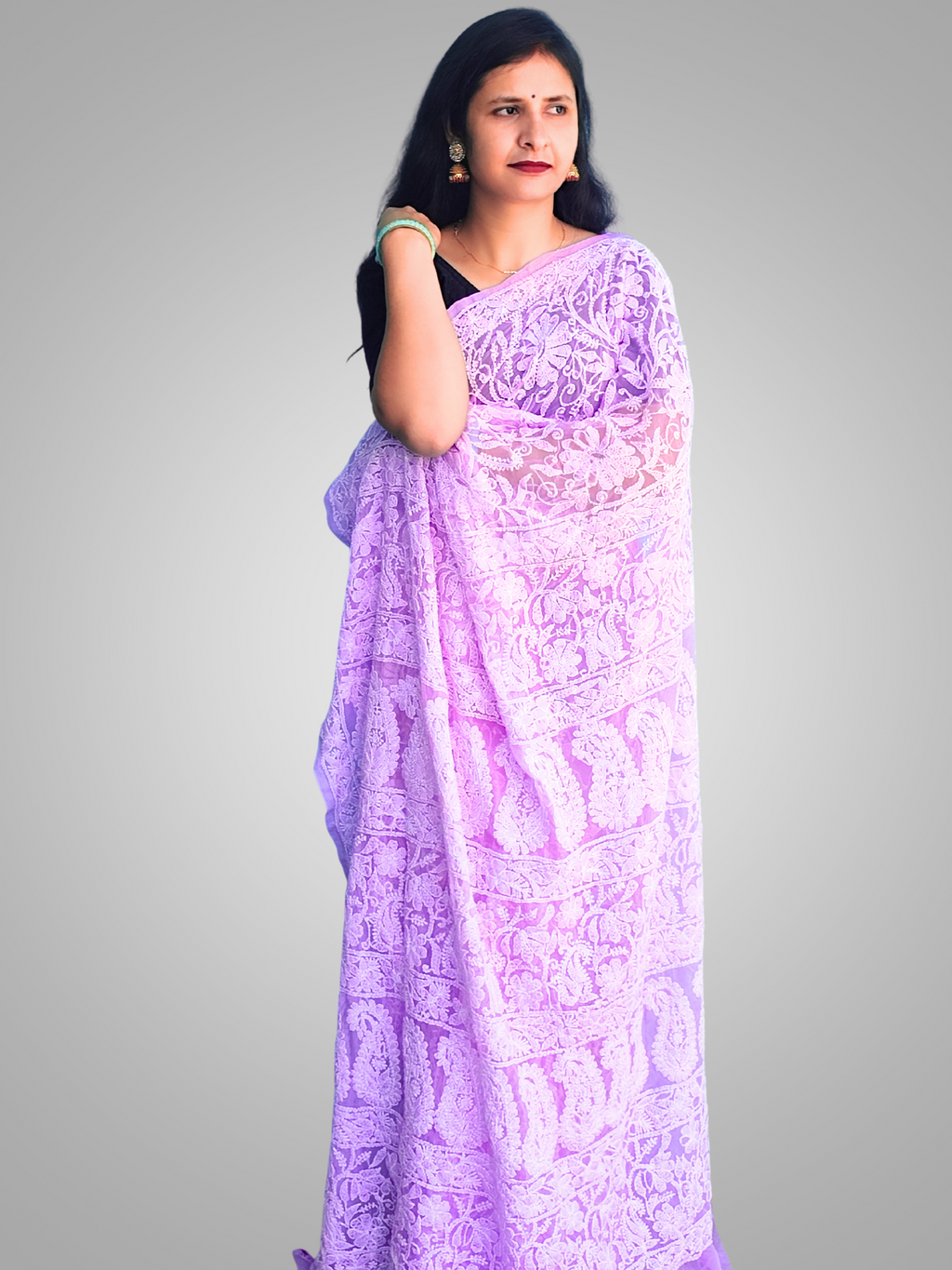 KURTIVERSE Chikan Hand Embroidered Georgette Saree with Blouse