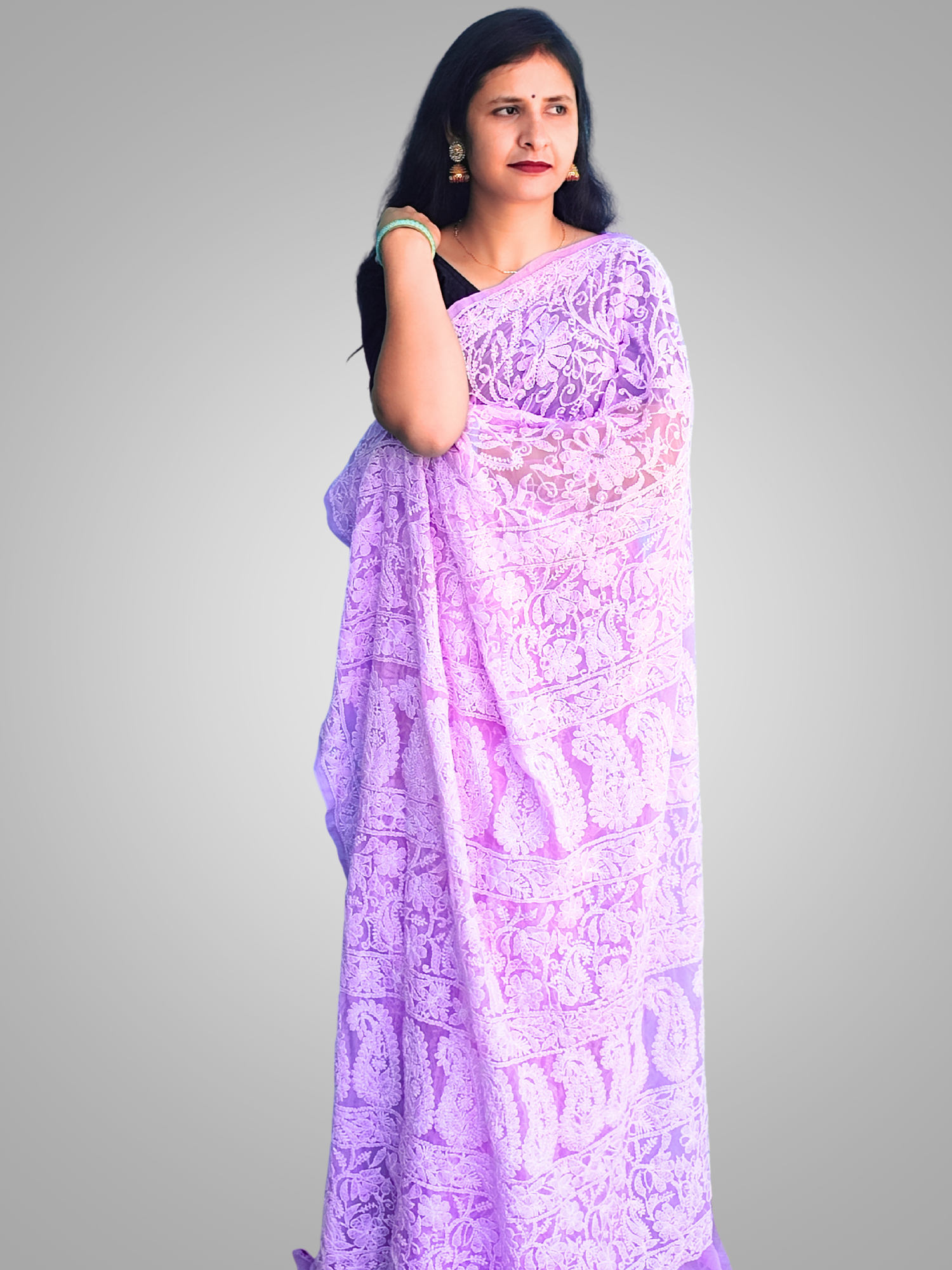 KURTIVERSE Chikan Hand Embroidered Georgette Saree with Blouse