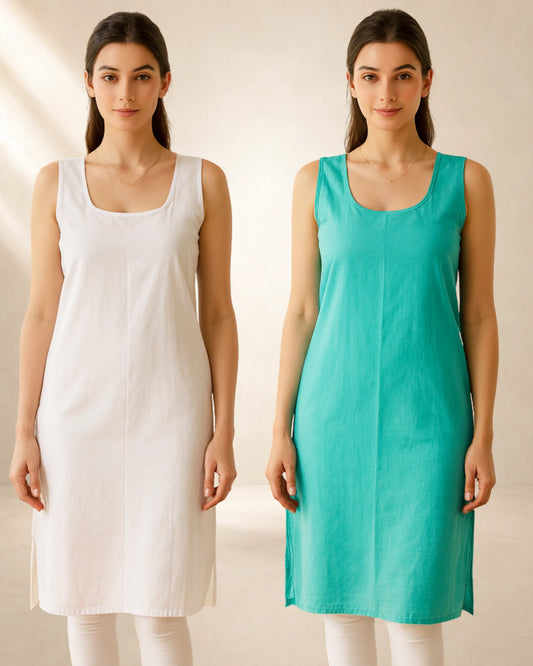 KURTIVERSE Women’s Poly Cotton Long Inner Slip Combo Pack of 2 with Side Slit | Ocean Blue & White