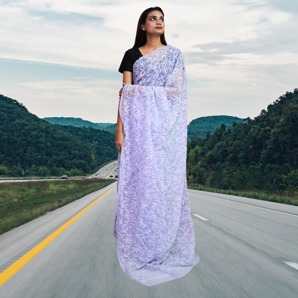 KURTIVERSE Women Chikankari Hand Embroidery Saree Blouse,Purple