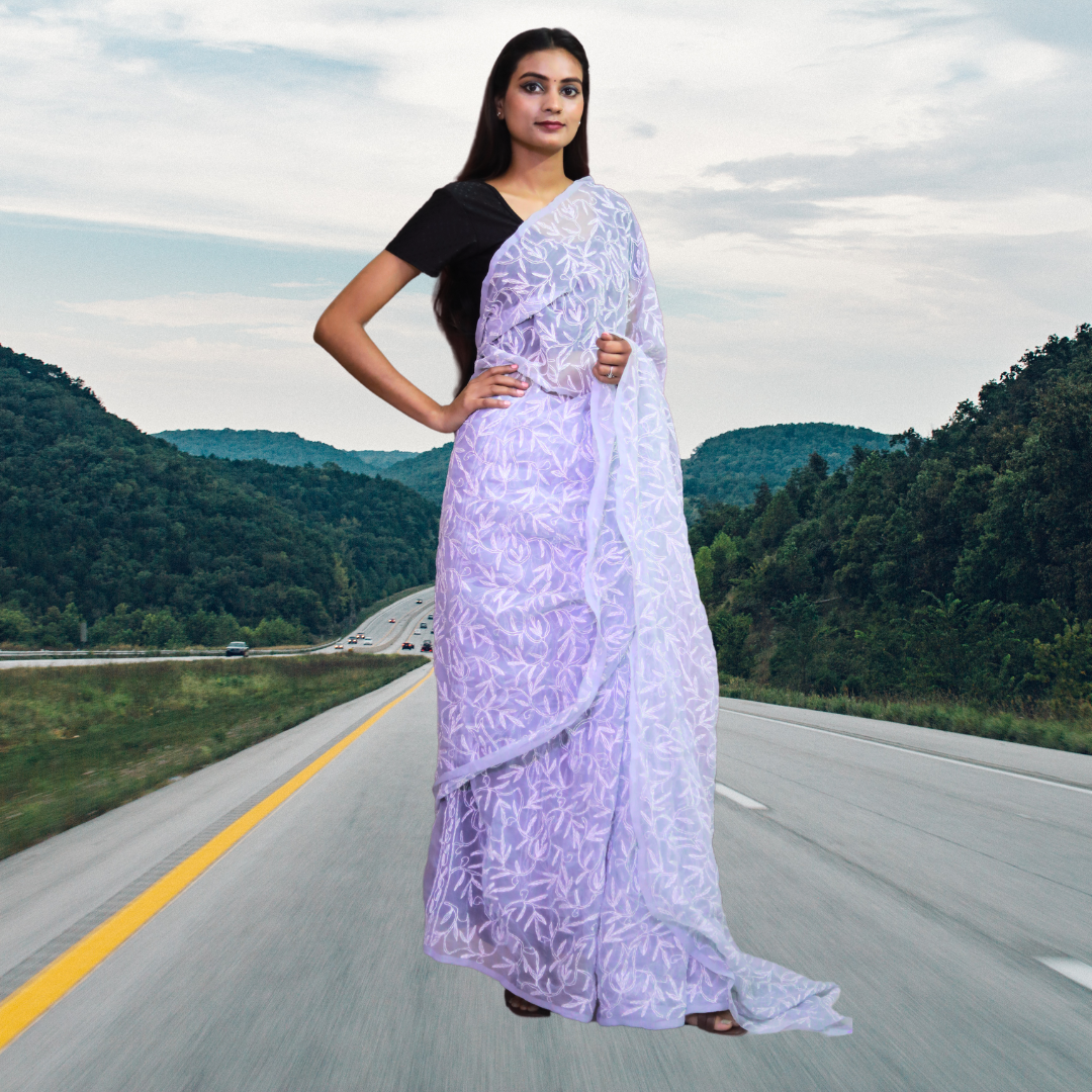 KURTIVERSE Women Chikankari Hand Embroidery Saree Blouse,Purple