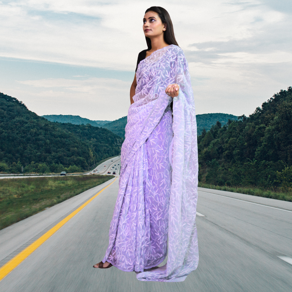 KURTIVERSE Women Chikankari Hand Embroidery Saree Blouse,Purple