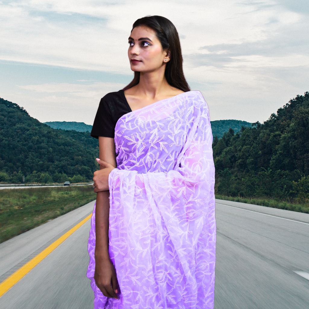 KURTIVERSE Women Chikankari Hand Embroidery Saree Blouse,Purple