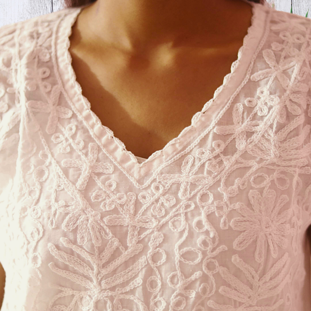 KurtiVerse Short Sleeve Cotton Chikan Embroidery Kurti for Women White