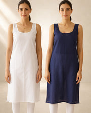 KURTIVERSE Women’s Poly Cotton Long Inner Slip Combo Pack of 2 with Side Slit | Royal Blue & White