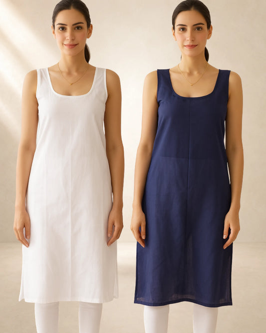KURTIVERSE Women’s Poly Cotton Long Inner Slip Combo Pack of 2 with Side Slit | Royal Blue & White
