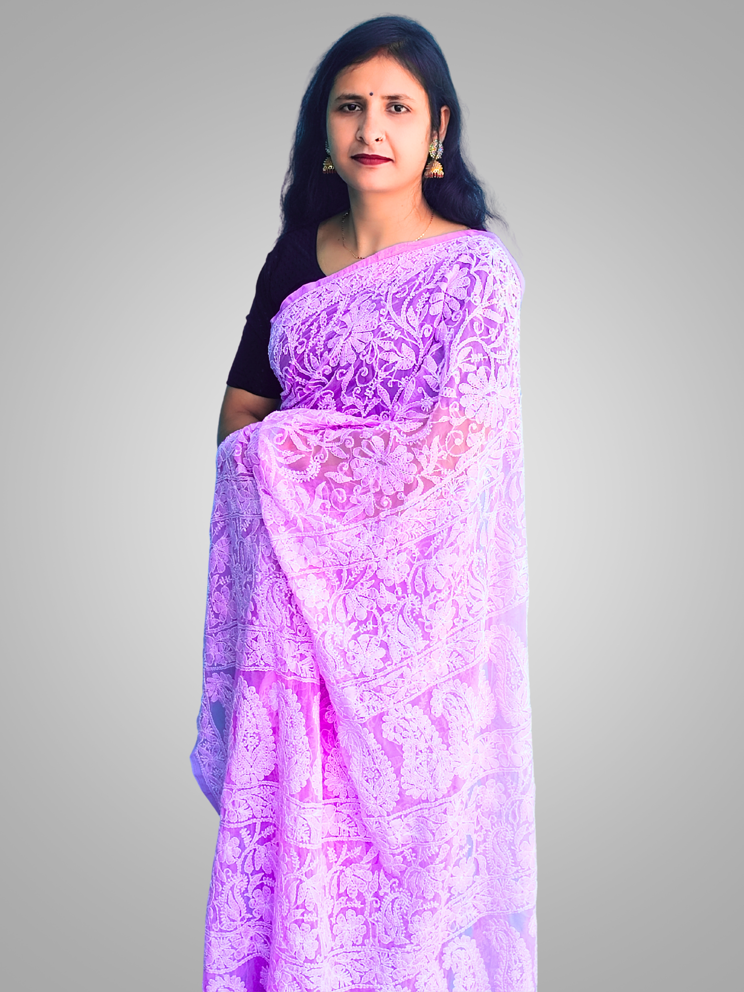 KURTIVERSE Chikan Hand Embroidered Georgette Saree with Blouse