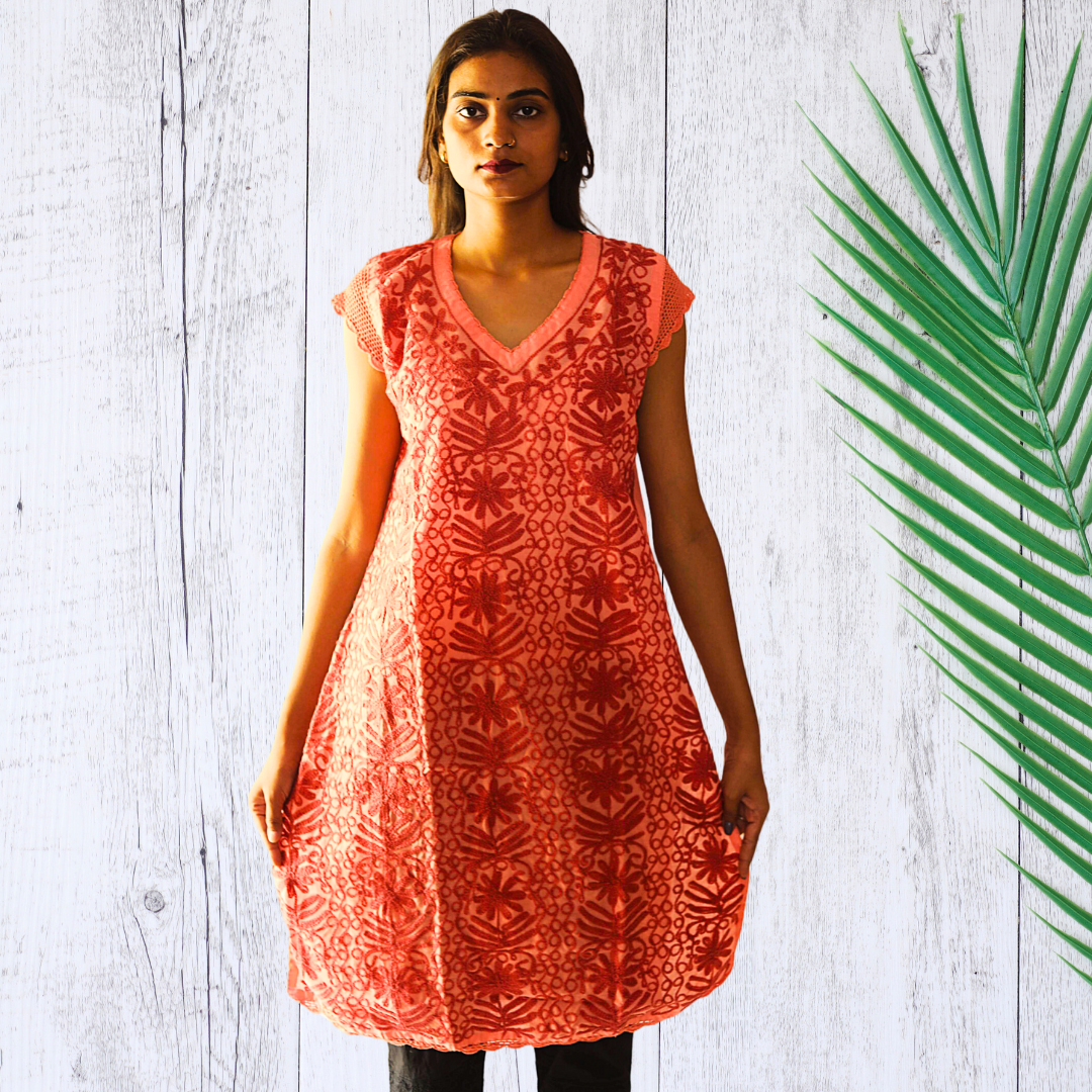 KurtiVerse Short Sleeve Cotton Chikan Embroidery Kurti for Women - Peach
