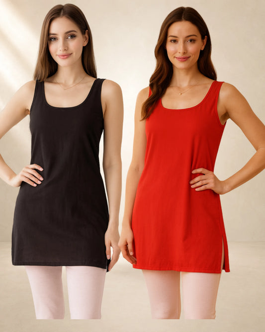 KURTIVERSE Women’s Cotton Short Inner Slip Combo Pack of 2 | Red & Black