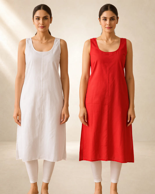 KURTIVERSE Women’s Poly Cotton Long Inner Slip Combo Pack of 2 with Side Slit | Red & White