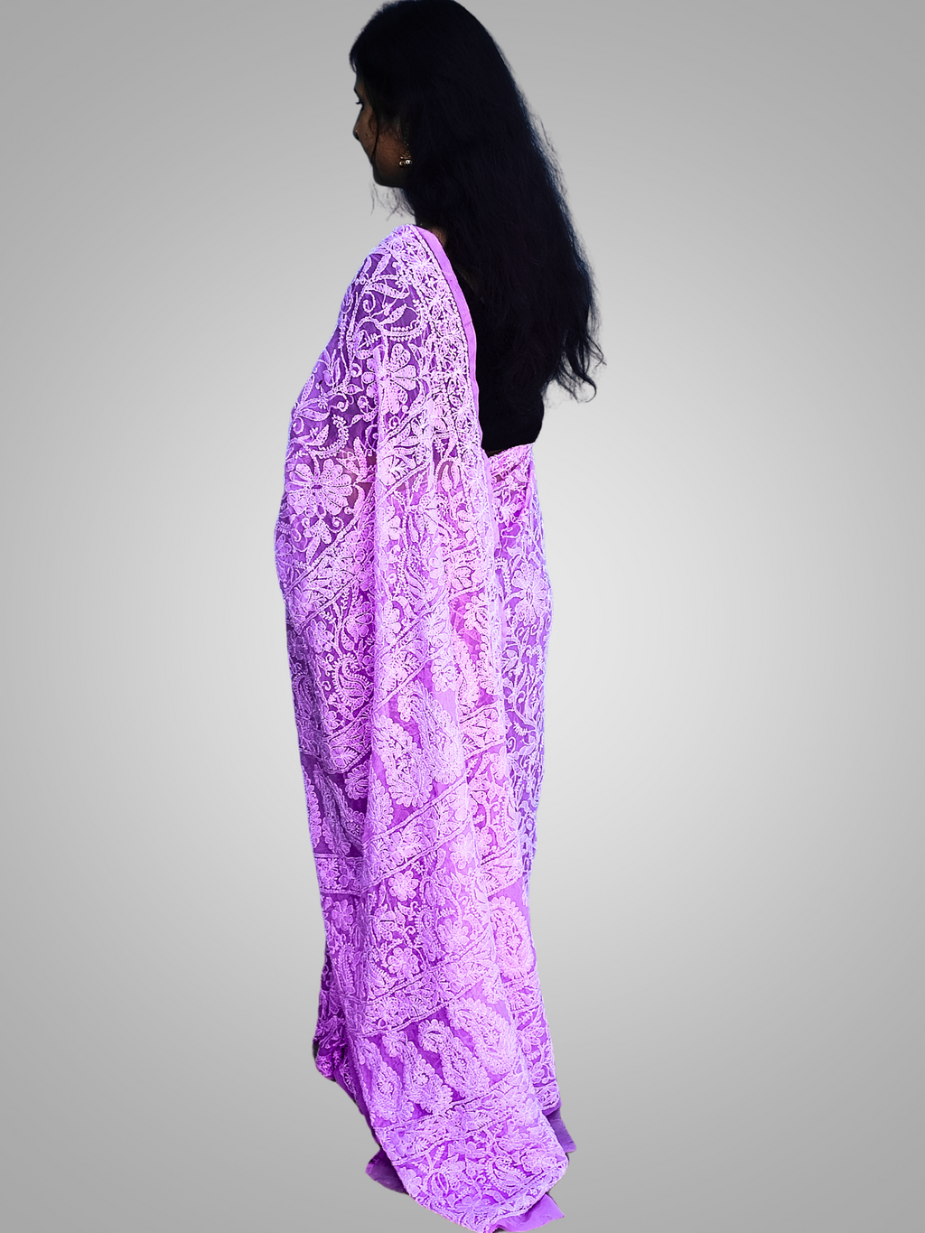 KURTIVERSE Chikan Hand Embroidered Georgette Saree with Blouse